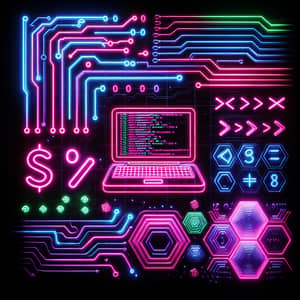 Neon Programming Designs - Vibrant Circuit Board, Coding Symbols, and Laptop Silhouette