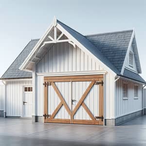White Garage Structure with Pitched Gable Roof & Wooden Gates