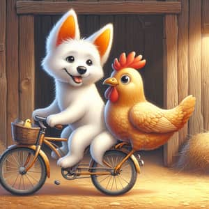 White Dog with Orange Ears Riding Bicycle | Dog and Chicken Friendship