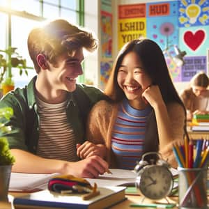 High School Love: Caucasian Boy and Asian Girl Studying Together