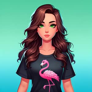 Gamer Girl with Swarthy Skin and Flamingo T-Shirt