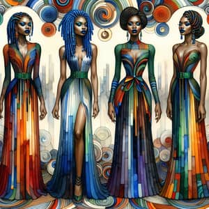 Intricate Watercolor Painting of Four Elegant Biracial Female Figures