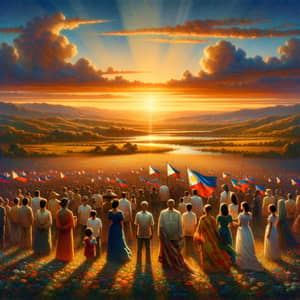 Patriotic Scene Celebrating Philippines | Diverse Group, Sunset Palette