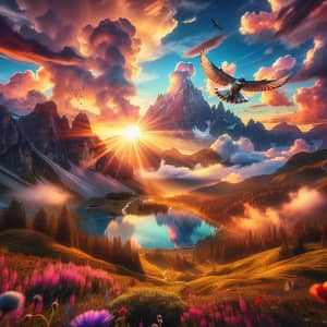 Breathtaking Sunrise Landscape with Mountain Range and Flying Bird