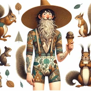 Whimsical Wizard in Swimsuit with Woodland Creatures