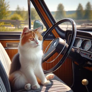 Vintage Cat Driving a Classic Peugeot 504 - Sunny Day Ahead