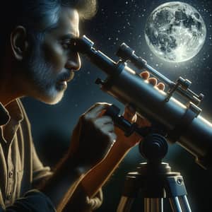 Middle-Aged Man Stargazing with Telescope | Celestial Night Scene