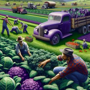 Eco-Friendly Farming Scene: Green & Purple Trucker Harvesting Crops
