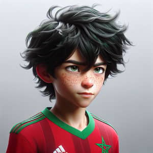 Determined Young Boy in Moroccan Soccer Team Shirt