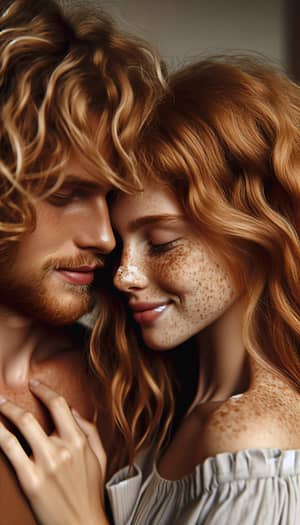 Warm Embrace of Caucasian Couple with Ginger Hair and Freckles