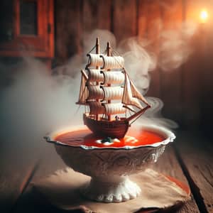 Fantasy Wooden Sailing Ship on Tomato Soup Sea - Dreamy Image