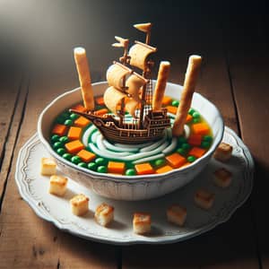 Whimsical Tiny Ship Sailing in Breadstick and Cheese Soup Bowl