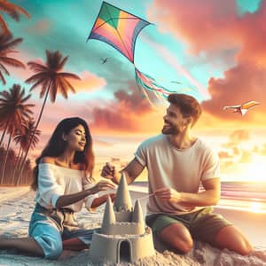 Loving Couple on Beach: Building Sandcastle & Flying Kite