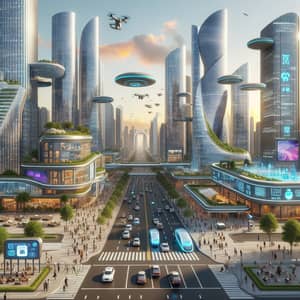 Futuristic Cityscape in 2030: Skyscrapers, Hover Cars & Smart City Elements