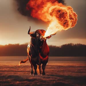 Majestic Bull Breathing Flames at Sunset