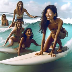 Diverse Women Surfing | Tropical Sunny Day Scene