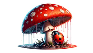 Tiny Ladybug Seeking Shelter Under Vibrant Red Mushroom Artwork