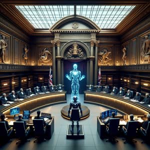 Dramatic Court of Law Scene with AI Hologram | Legal Professionals Discussion