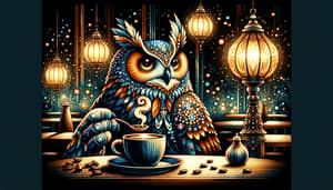 Fantastical Owl Sipping Coffee - Intricate Café Scene