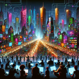 Futuristic Cyberpunk Cityscape with Diverse Online Community
