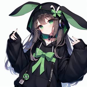 Anime Girl in Black Sweatshirt with Green Rabbit Ears