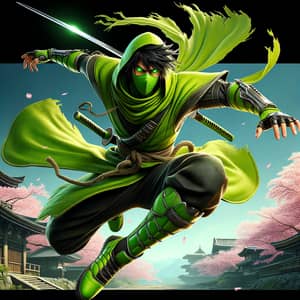 Dynamic Ninja in Green Outfit with Shiny Sword - Japanese Theme