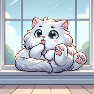 Adorable White Cartoon Cat Grooming | Bay Window View