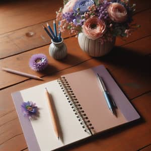 Lavender Journal with Pencil and Pen on Wooden Table