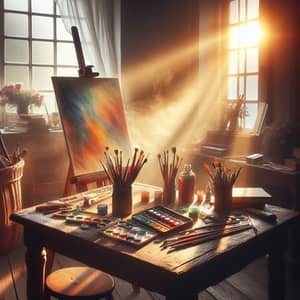 Tranquil Setting of Artistic Creativity | Art Supplies on Antique Table