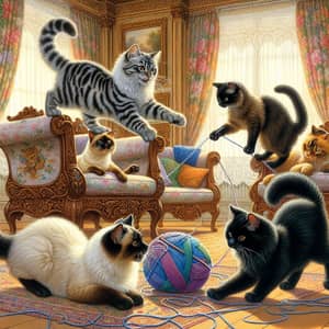 Vibrant Watercolor Painting of Playful Cats in Victorian Parlor