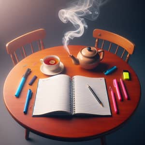 Cozy Writing Scene: Journal, Pens, Tea on Cherry Table