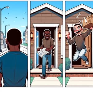 Comic: Man's Emotional Journey - Walking, Opening Mail, Jumping for Joy