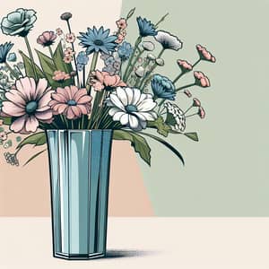 Comic-Styled Tall Vase with Diverse Flowers and Plants