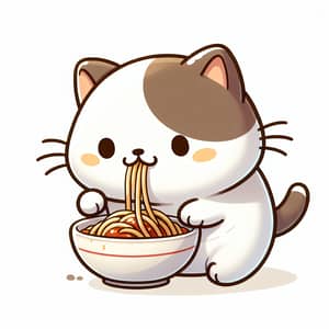 White and Brown Cartoon Cat Eating Spaghetti - Adorable Image