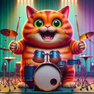 Vibrant Orange Cartoon Cat Playing Drums | Animated Drumming Feline