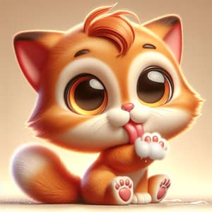 Playful Cartoon Cat Licking Paw | Cute Orange Feline Character