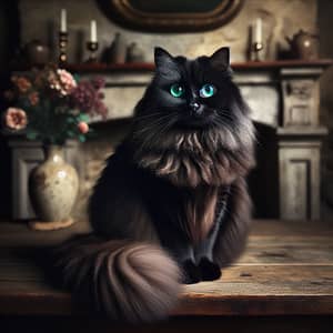 Majestic Black Domestic Cat on Rustic Table - Enchanting Scene