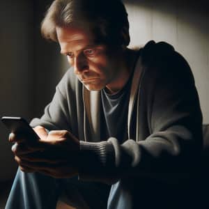 Middle-Aged Man in Empty Room Engrossed in Smartphone