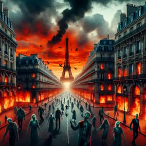 Apocalyptic Scene: City in Flames with Zombie Invasion