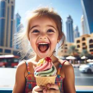 Joyful 6-Year-Old Girl Enjoying Ice Cream in Sunny Dubai