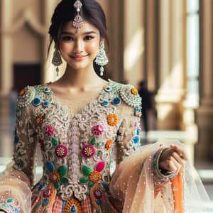 Elegant South Asian Woman in Ornate Dress | Grand Celebration Style