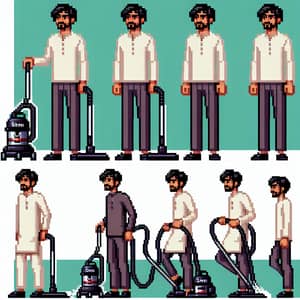 Pixel Art South Asian Man Vacuum Cleaner Character Sheet for Video Game