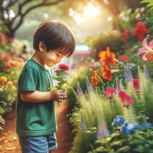 Young Boy Enjoying Floral Fragrance in Lush Garden