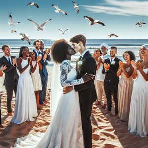 Diverse Wedding Celebration on Sandy Beach | Heartfelt Moment Captured