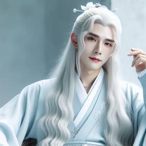 Beautiful Young Man in Traditional Chinese Hanfu with Long White Hair