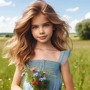 Young Blonde Girl in Baby Blue Dress Holding Wildflowers
