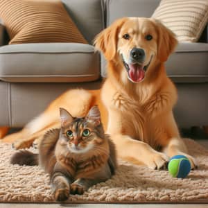 Cozy Friendship Between Cat and Golden Retriever in Living Room