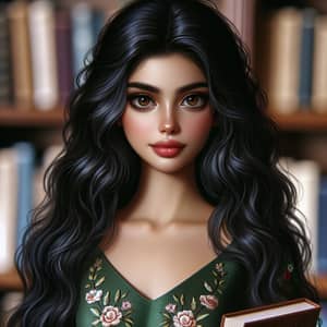 Beautiful South Asian Girl in Green Silk Dress | Library Scene