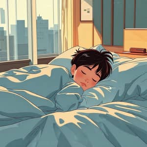 Peaceful East Asian Boy Sleeping in Minimalistic Bedroom