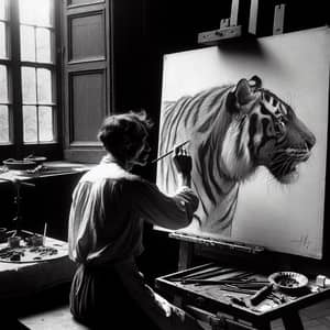 Late 19th Century Realism Painter Sketching Majestic Bengal Tiger